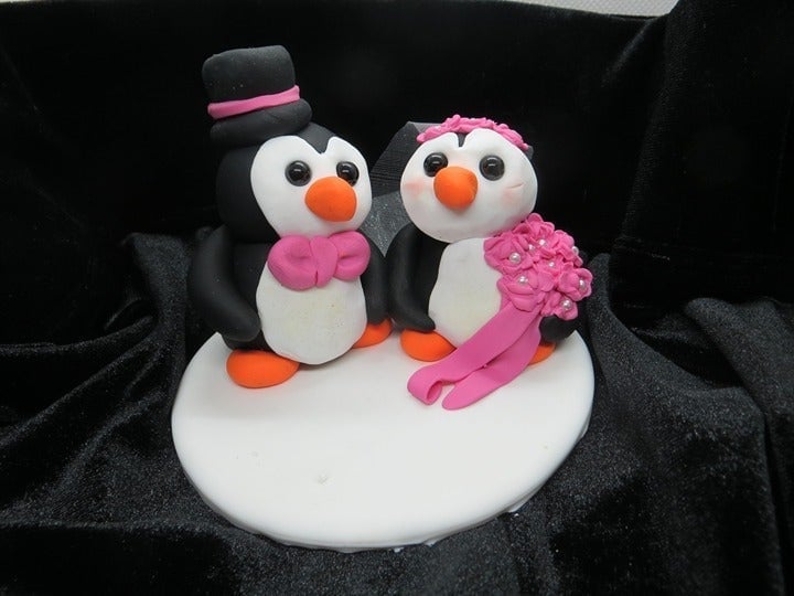 Dusty rose bride and groom penguins / wedding anniversary cake topper