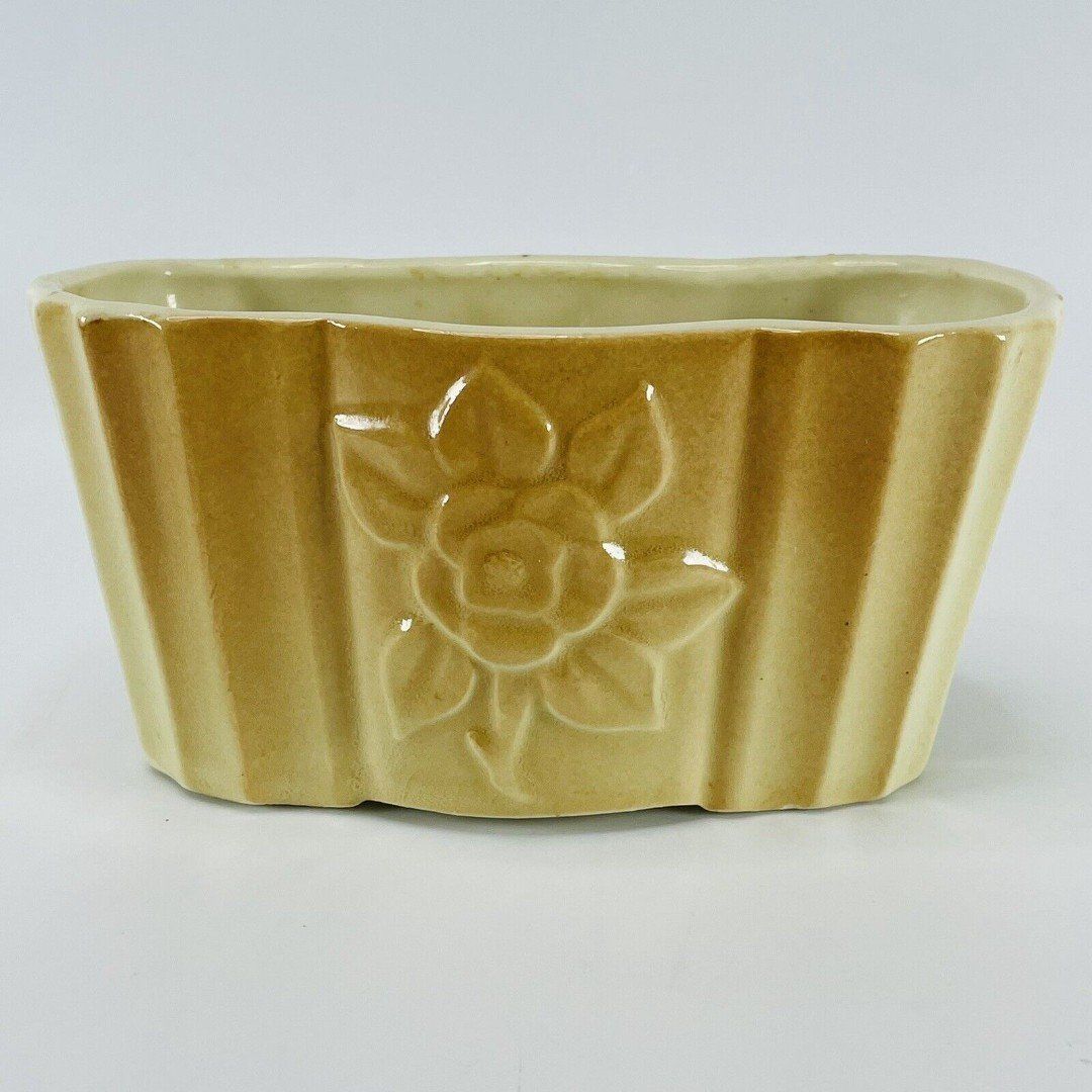 Vintage Ceramic Pottery Planter Brown White Rose Embossed Front Scalloped Rim