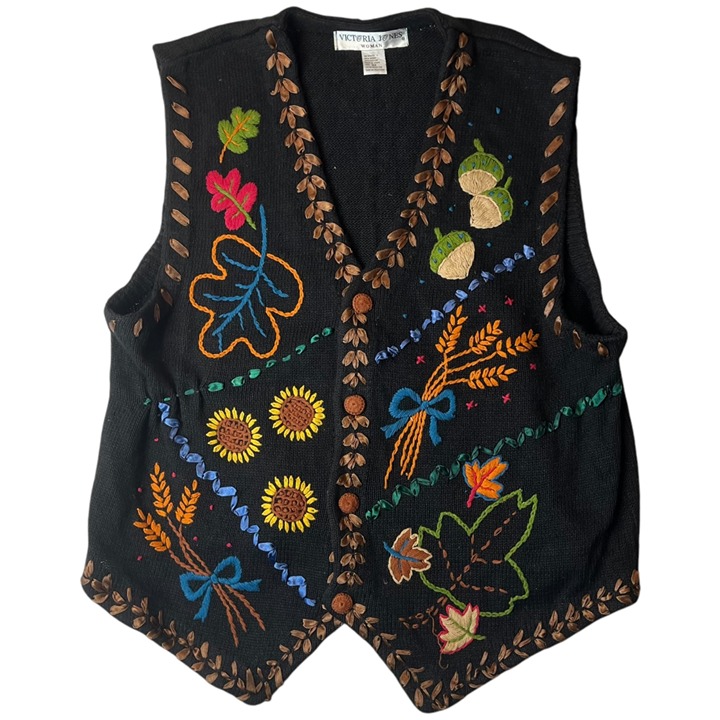Vtg Victoria Jones Women's 3X Woven Vest Leaves Flowers Knit Colorful Foliage