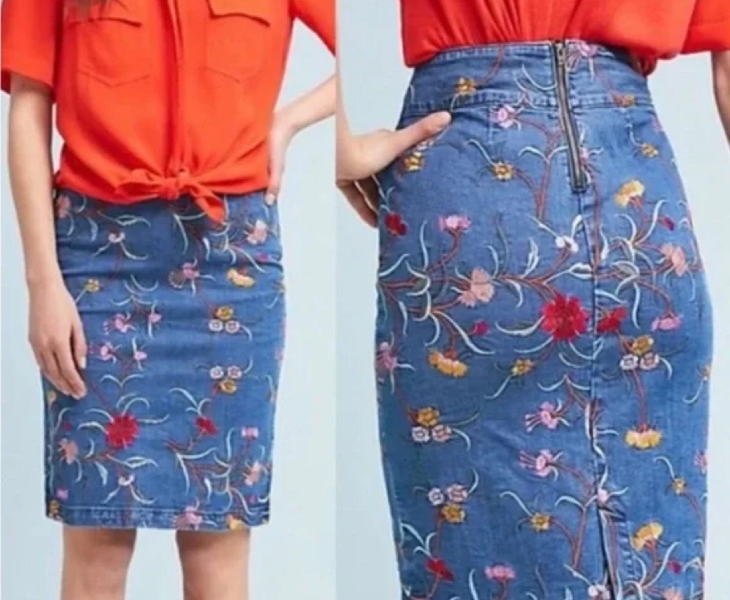 Maeve By Anthropologie Floral Embroidered Denim Pencil Skirt Size 2