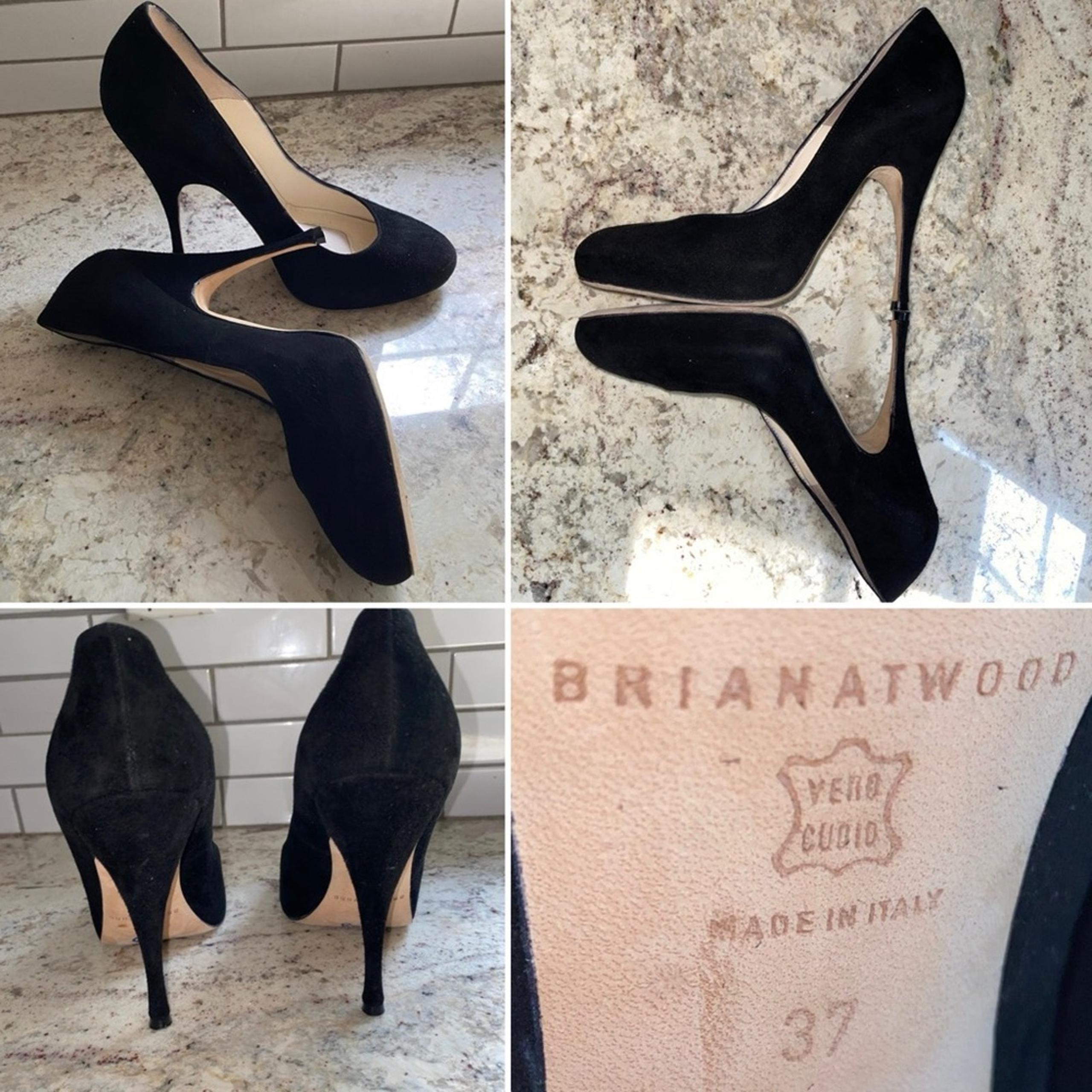 Brian Atwood $315 Black Suede Round Toe 4” Pumps Women's 7 | IT 37