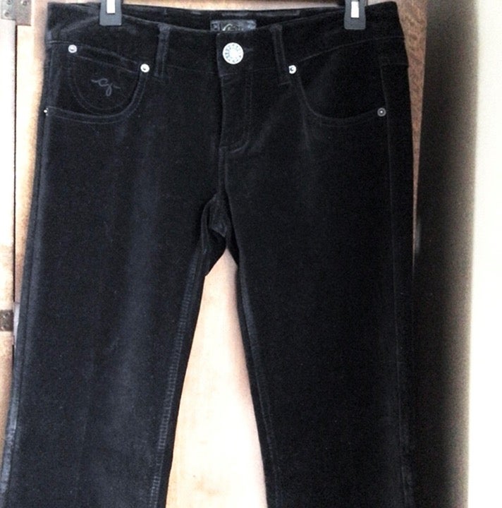 NWOT GUESS Black Denim Velvet Logo Rhinestone Flare Leg Low Rise Pants, Size 28