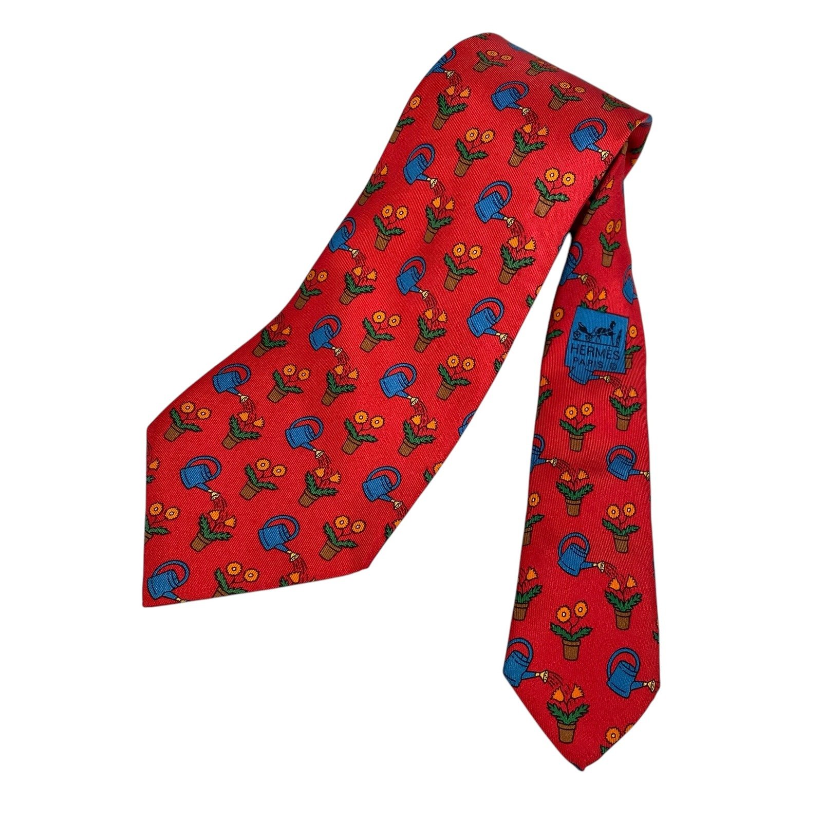 Hermes Men's Red Rose and Watering Pattern 100% Silk Neck Tie Made France 7484