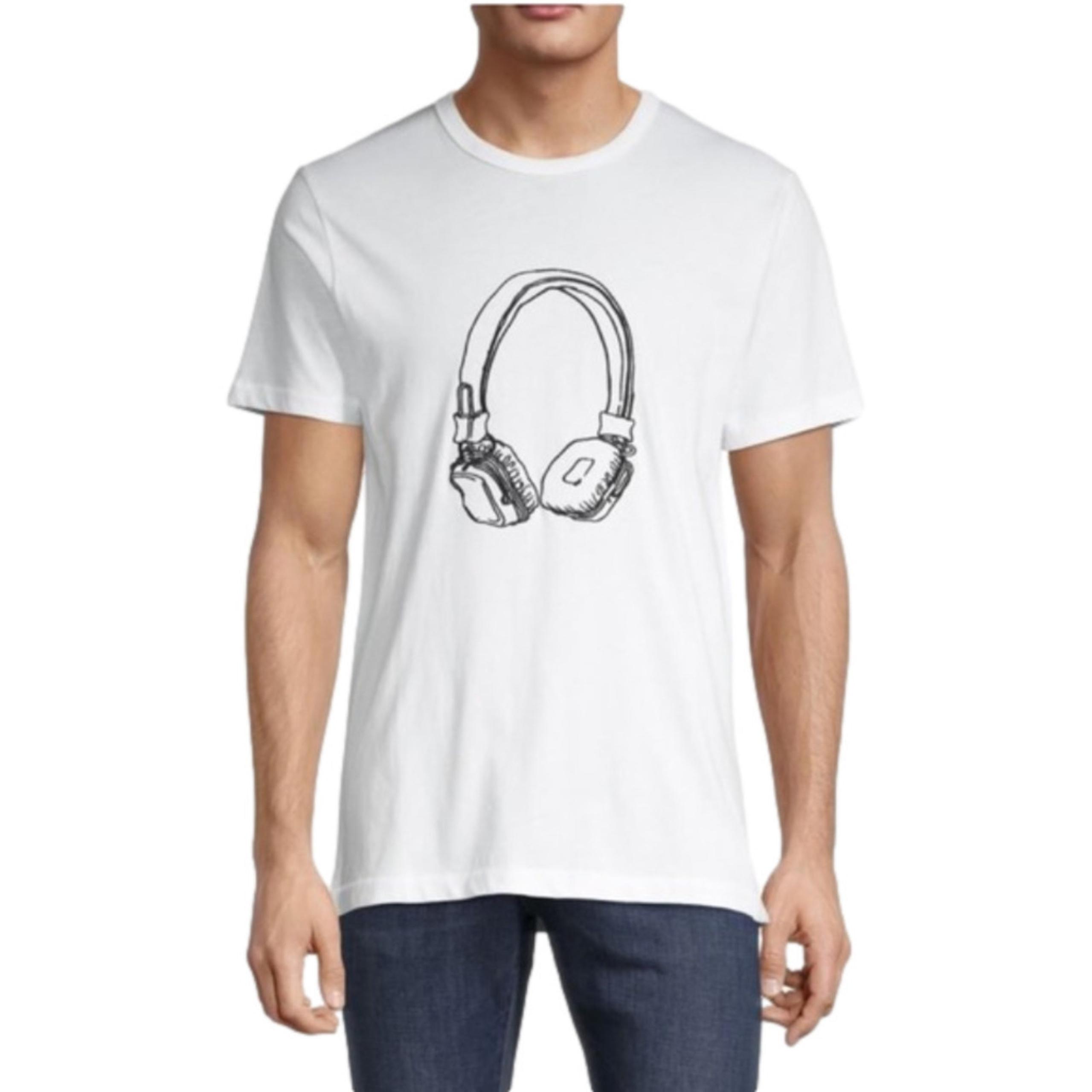 French Connection Headphone Design Short Sleeve White Cotton T-Shirt Size XL