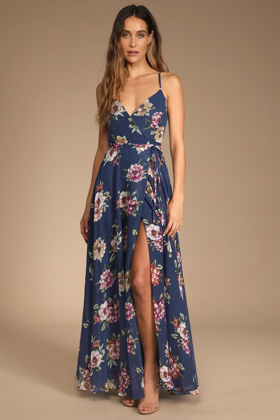Lulus Size Small Always There For Me Navy Blue Floral Print Wrap Maxi Dress NWT