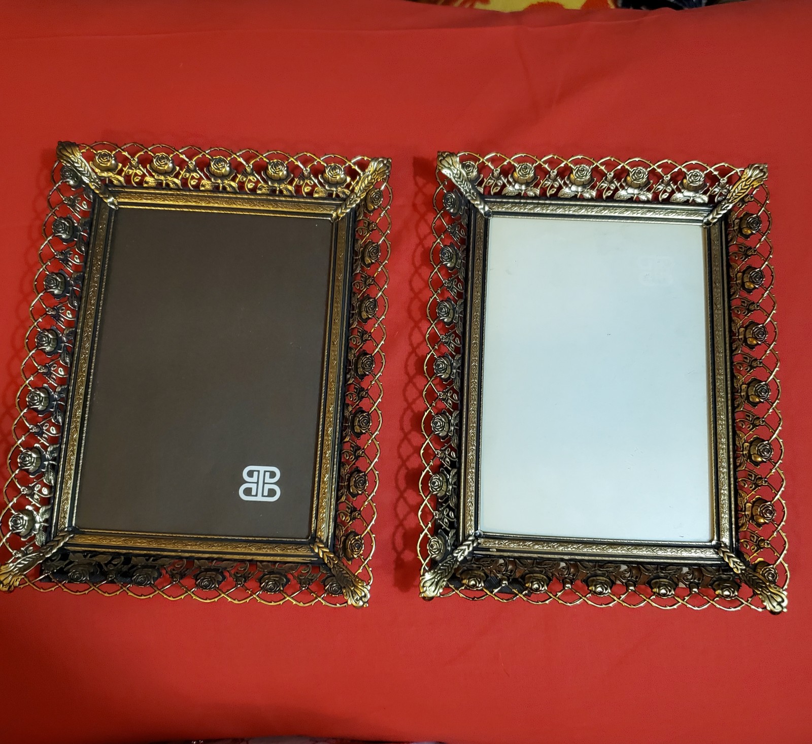 2 Beautiful Vintage Brass Filigree Roses Picture Frames