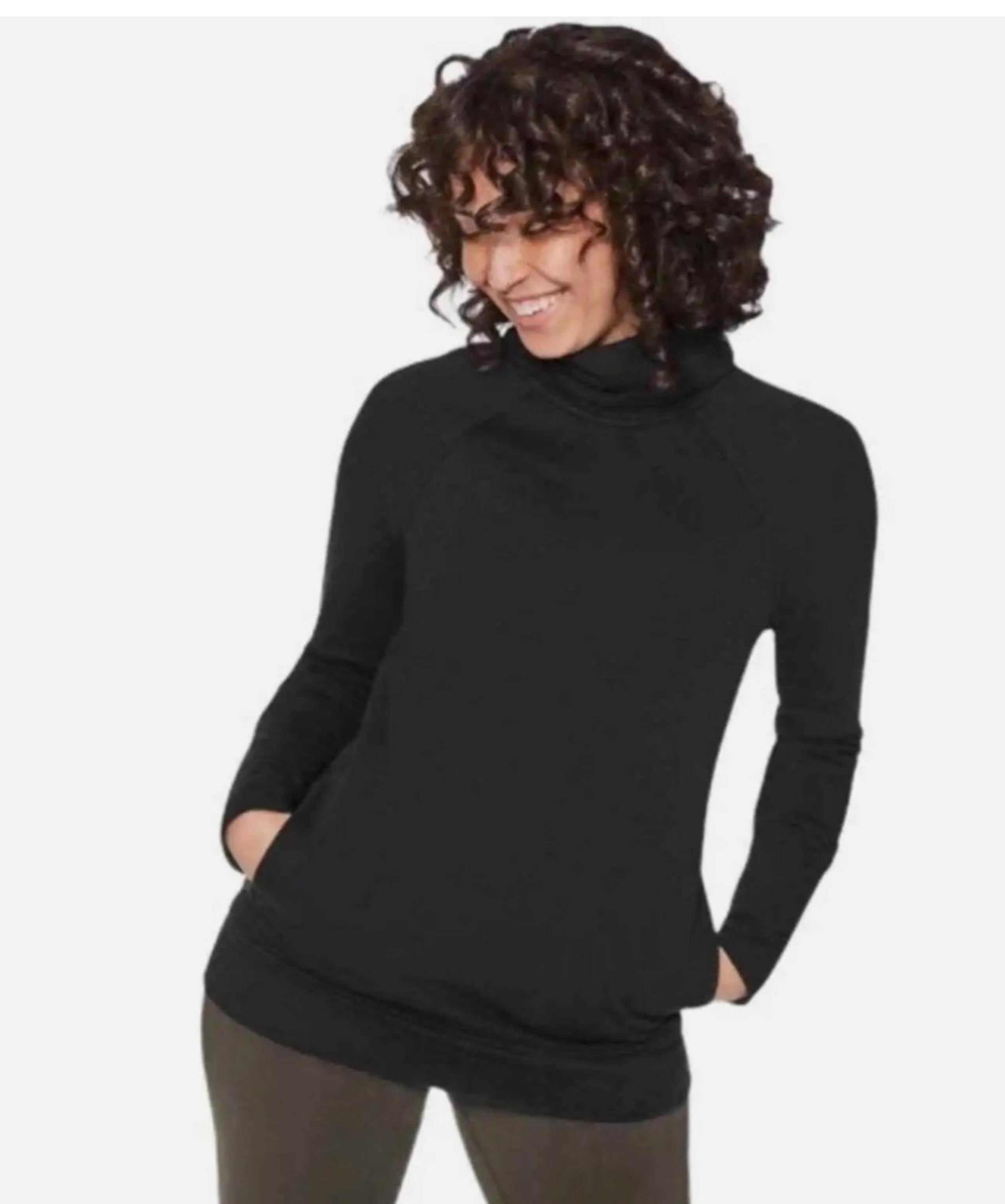 Lululemon To You Tunic Black Turtleneck Sweatshirt Logo Kangaroo Pockets Top