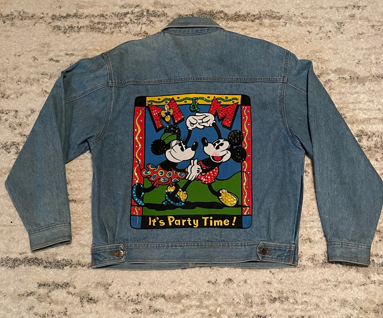 Vintage Disney Jean Jacket Denim Adult Size M Sequin Circa 1980 Mickey Minnie