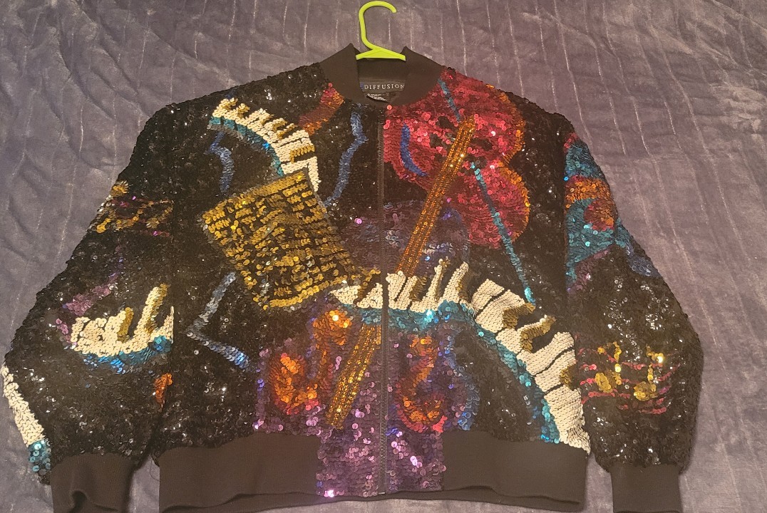 Vtg 1992 I.B. Diffusion Sequin Music Theme Bomber Jacket size LG?
