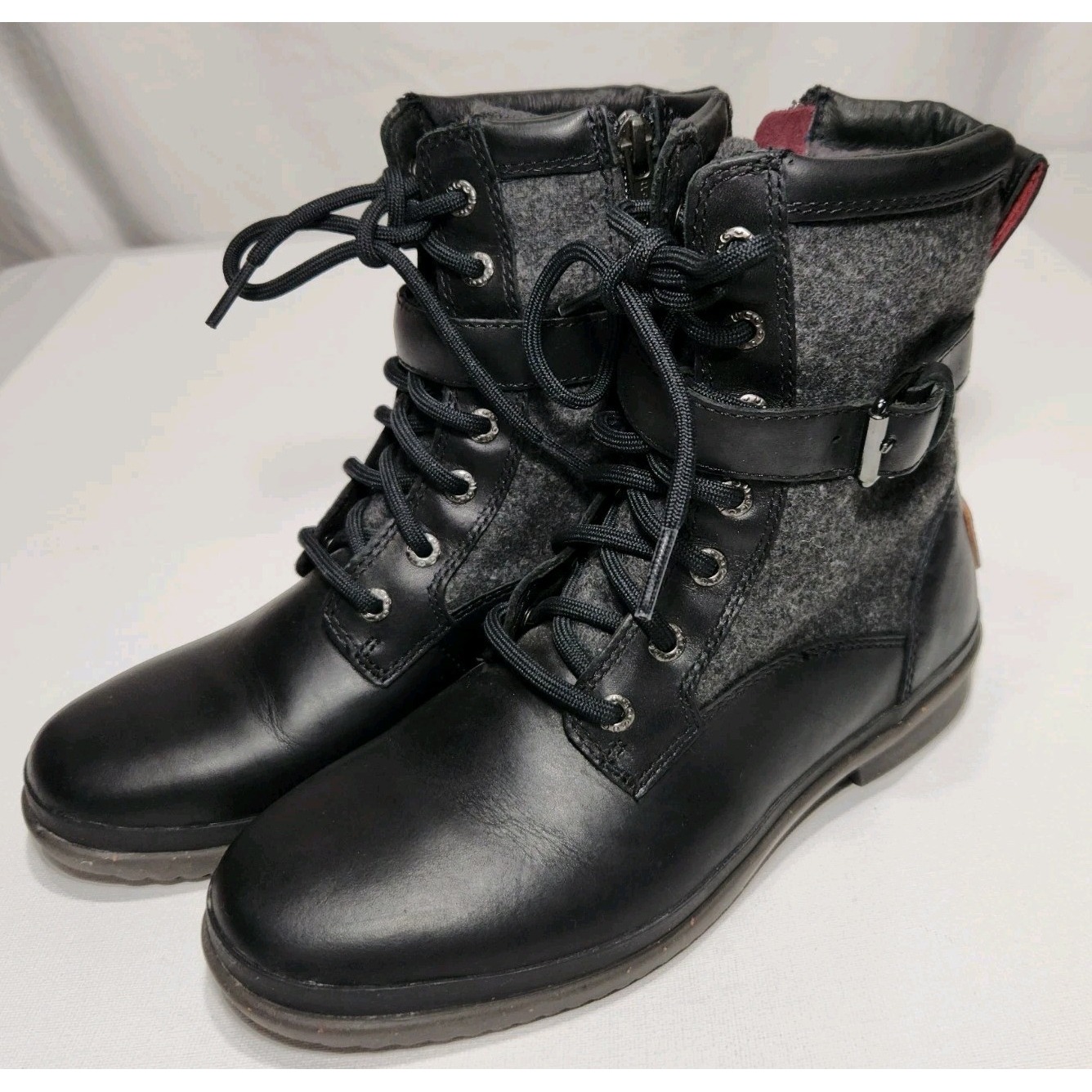 UGG Kesey Black Grey Leather Wool Lace Up/Zip Side Combat Boots Womens Size 6