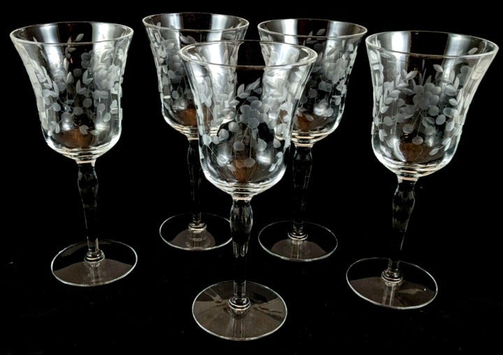 Vintage Floral Etched Dots Flared Wine Goblets - SET OF (5)