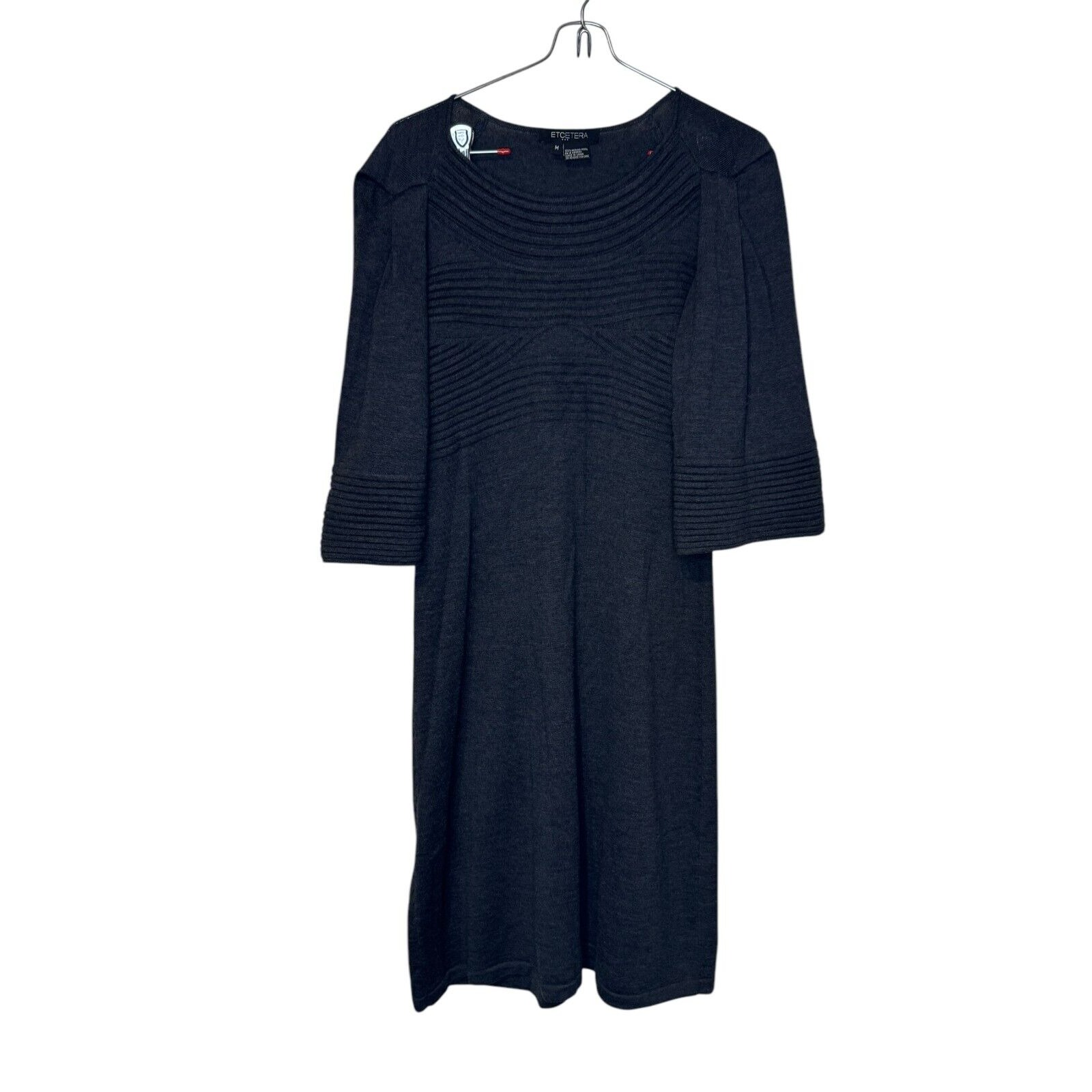 Etcetera Women Dress Sweater Merino Wool Textured Rib Knit Midi Navy Blue Medium