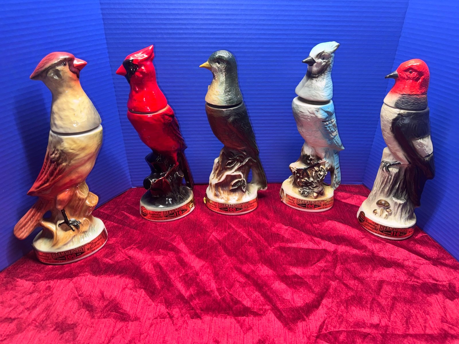 5 Jim Beam Bird Decanters male female cardinal blue jay robin woodpecker empty