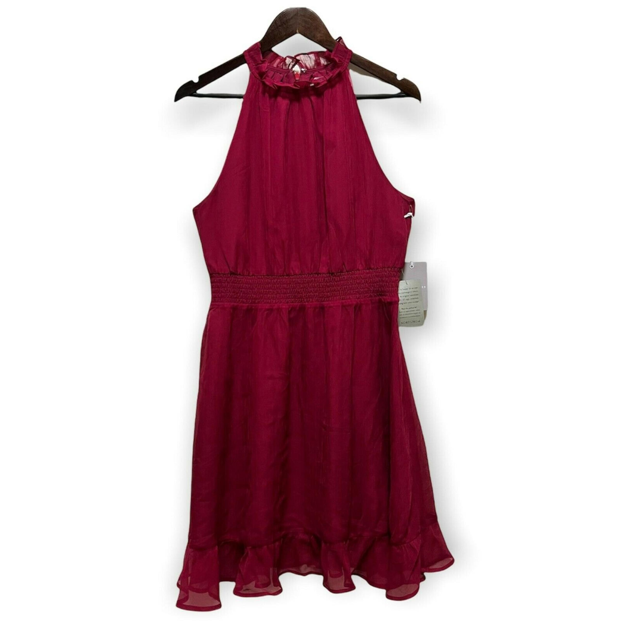Chelsea28 Womens M Sleeveless High Neck Ruffle Hem Fit Flare Dress Red Burgundy