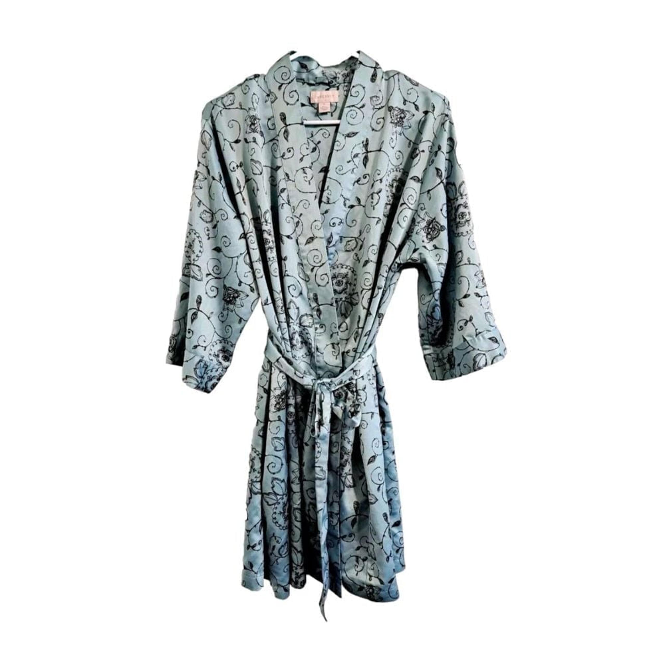 New Robe Woman L Blue Floral Kimono Pockets Self Belt 3/4 Sleeve Silky - Cabernet