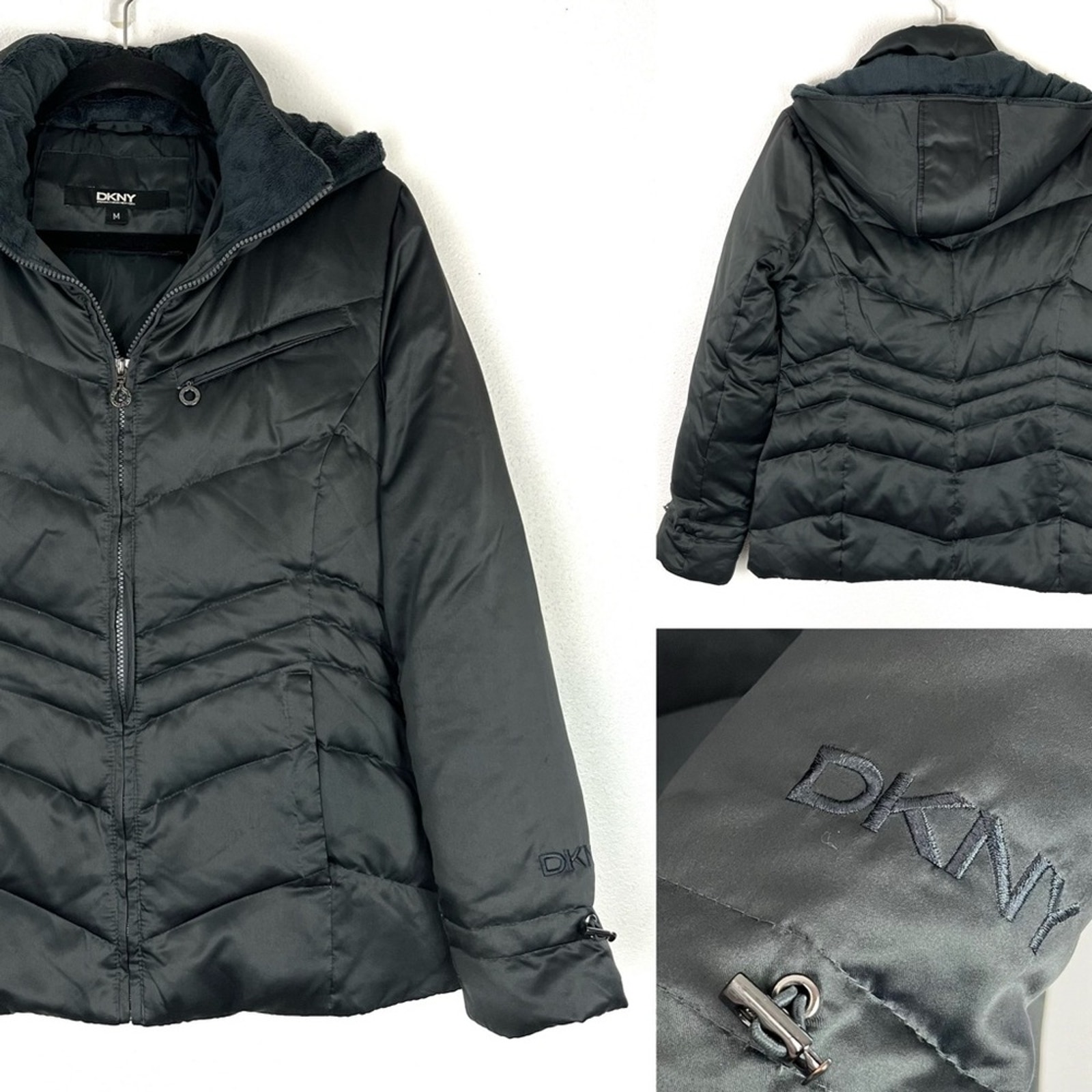 DKNY Womens Puffer Coat Jacket Down Hood Winter Warm Medium Gray