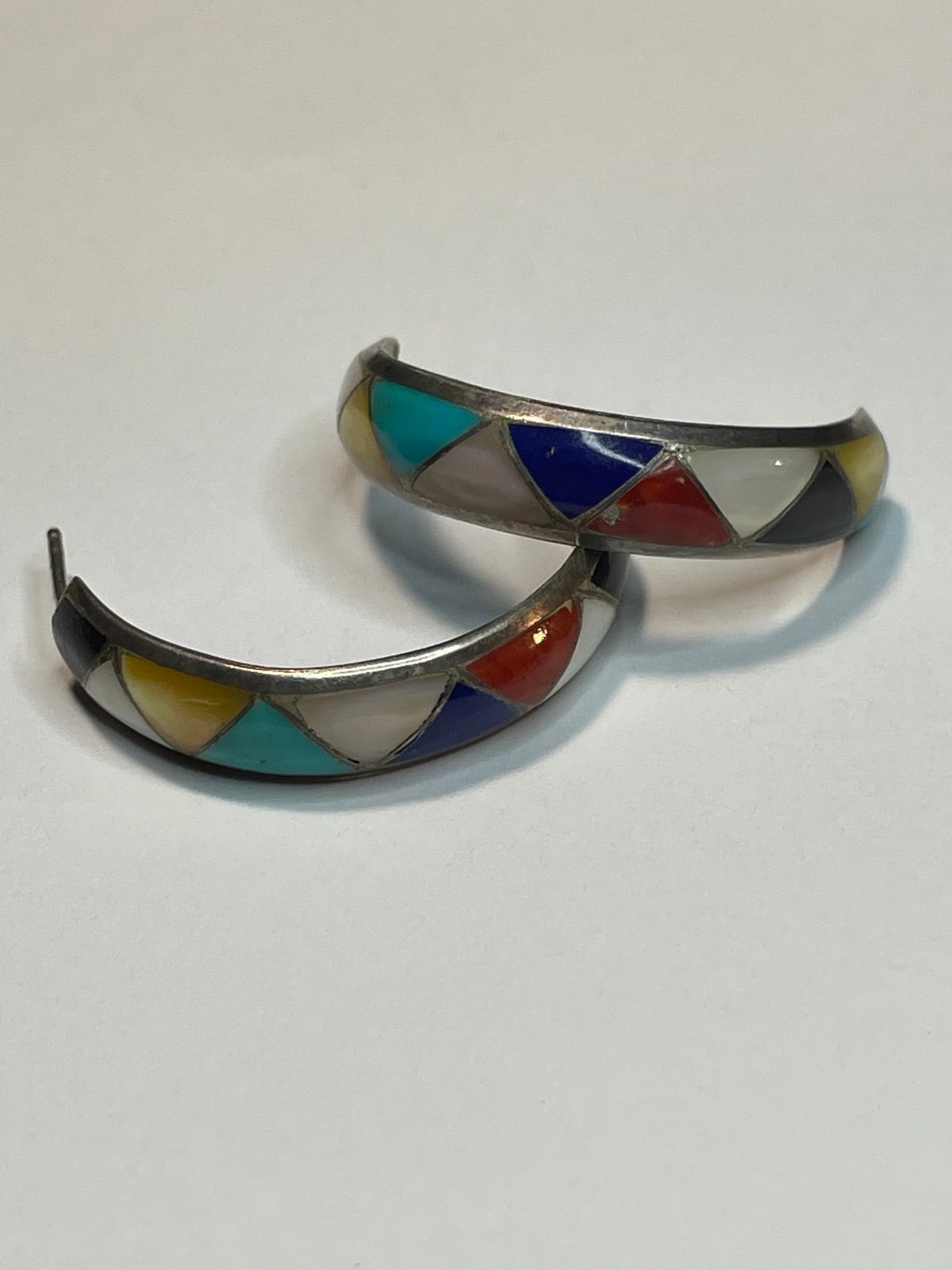 Southwestern Sterling Silver Half Hoop Earrings w/ Stone Inlay~ 1