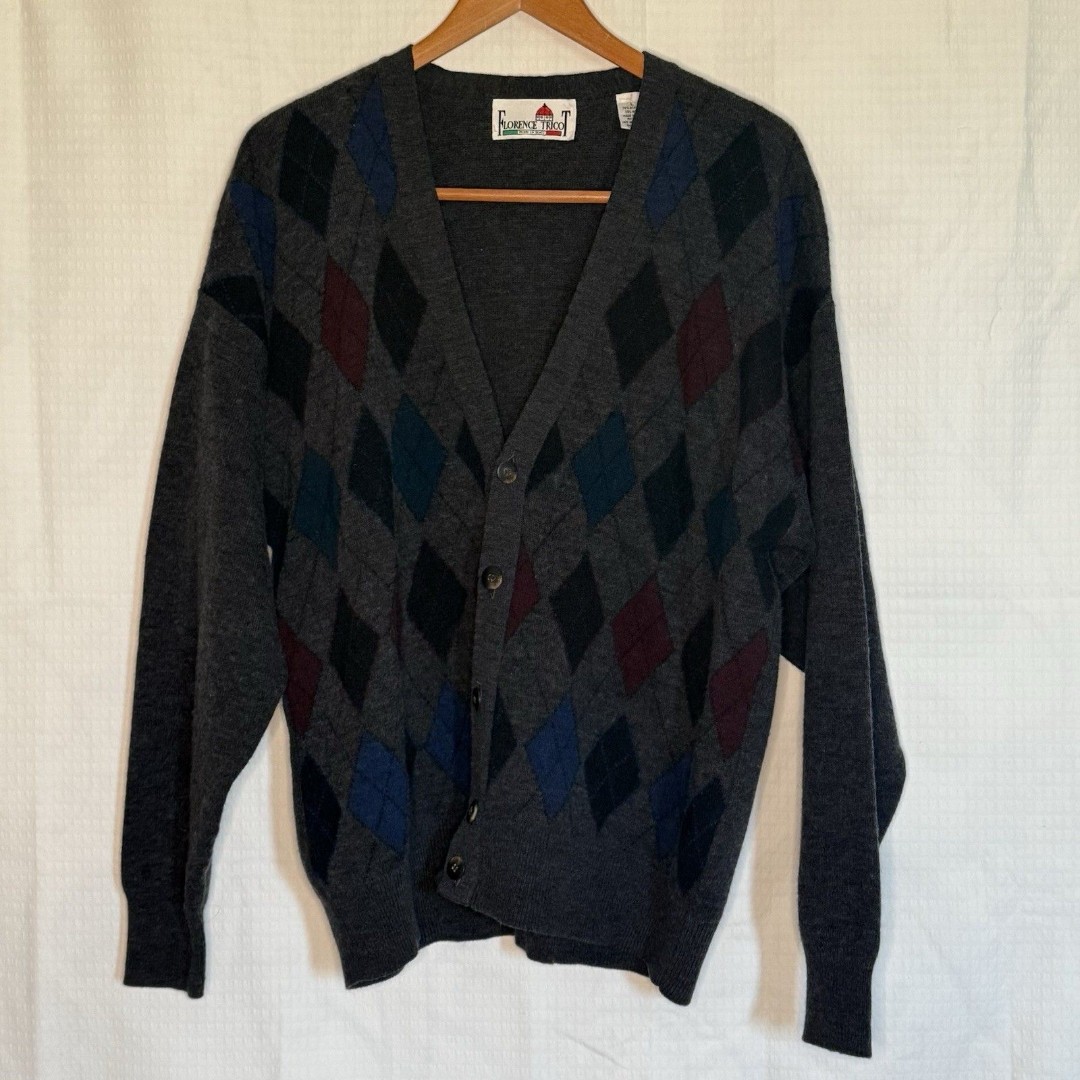 Vintage Florence Tricot Arygle Cardigan Sweater Mens L Gray V Neck Made in Italy