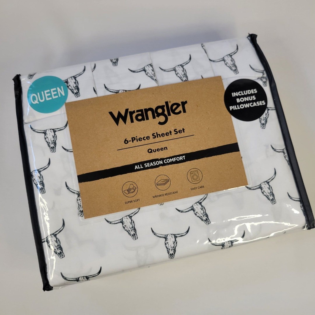 Wrangler 6pc QUEEN Sheet Set Black White Longhorn Steer Bull Skull Western Ranch