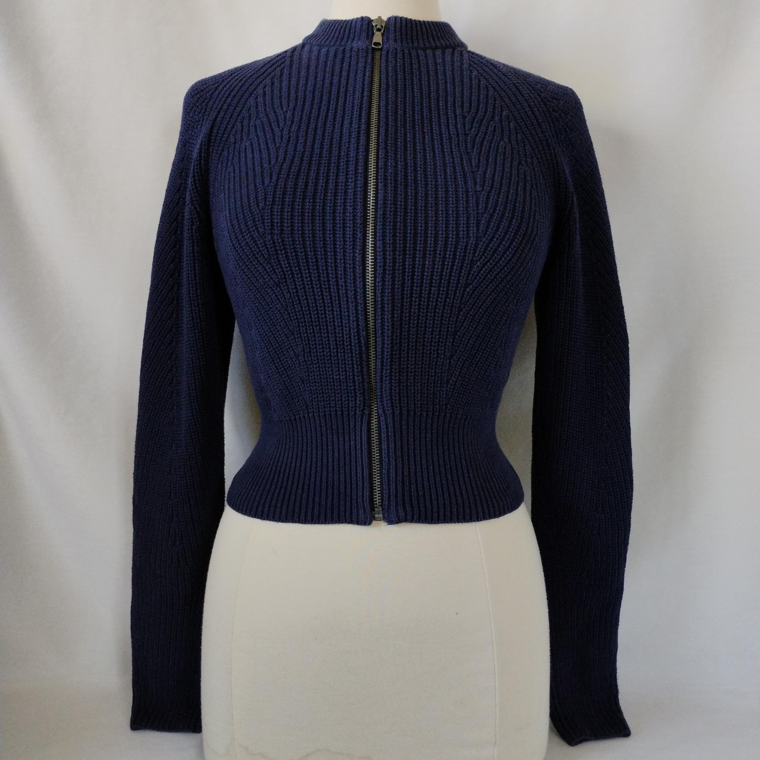 Women's Vintage 90s GAP Navy Blue Full Zip Cropped Fitted Ribbed Knit Sweater