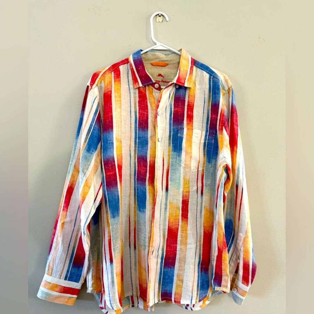 Tommy Bahama Relax Linen Button Front Dress Shirt Casual Stripe Breezer Sunset L