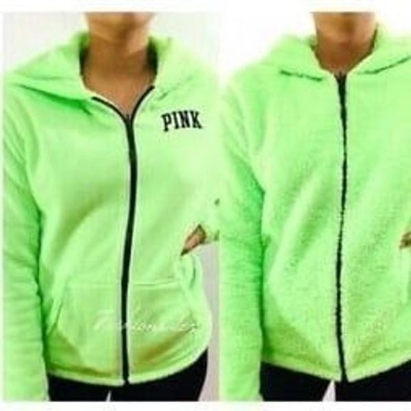 Victorias Secret PINK Reversible Sherpa cozy Hoodie 2 looks in 1 Neon Green Xs