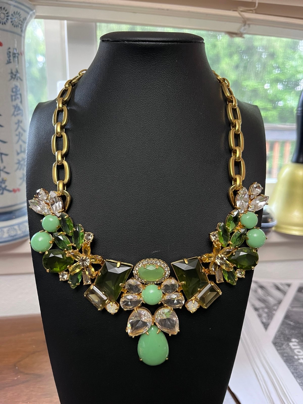 J Crew Chunky Statement Necklace GREEN Lucite Clear Rhinestones Gold Tone