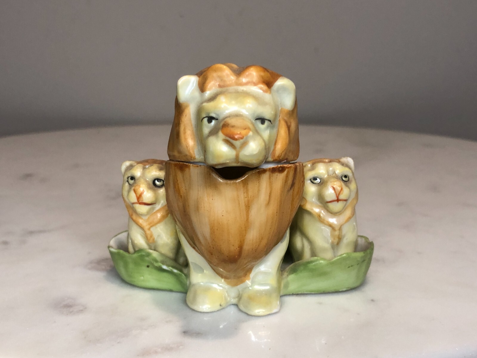 Germany Pre-WW2 Luster Porcelain Lion Salt and Pepper Condiment Set