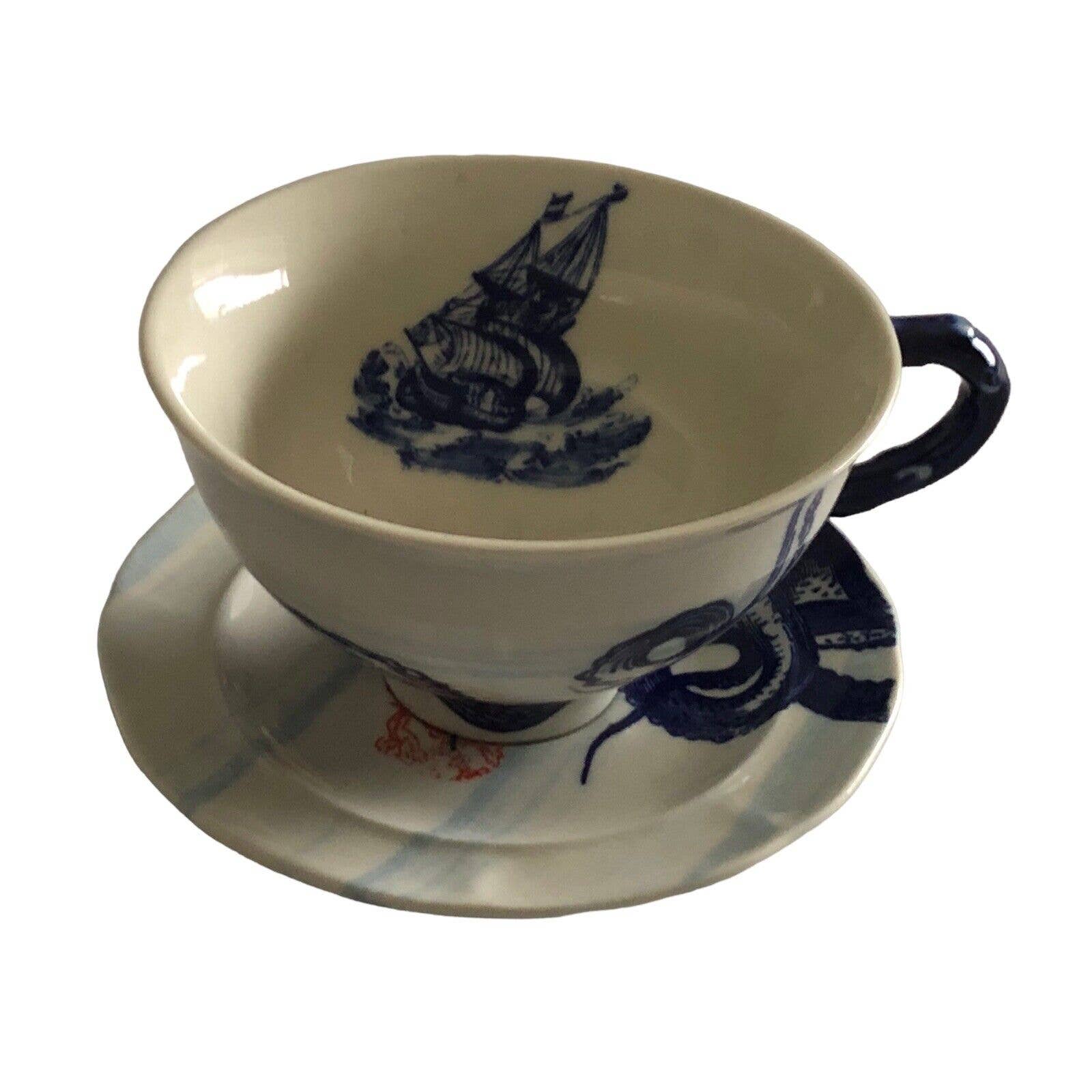 Anthropologie Nautical FROM THE DEEP Octopus Oversized Cup & Saucer Set 12 oz