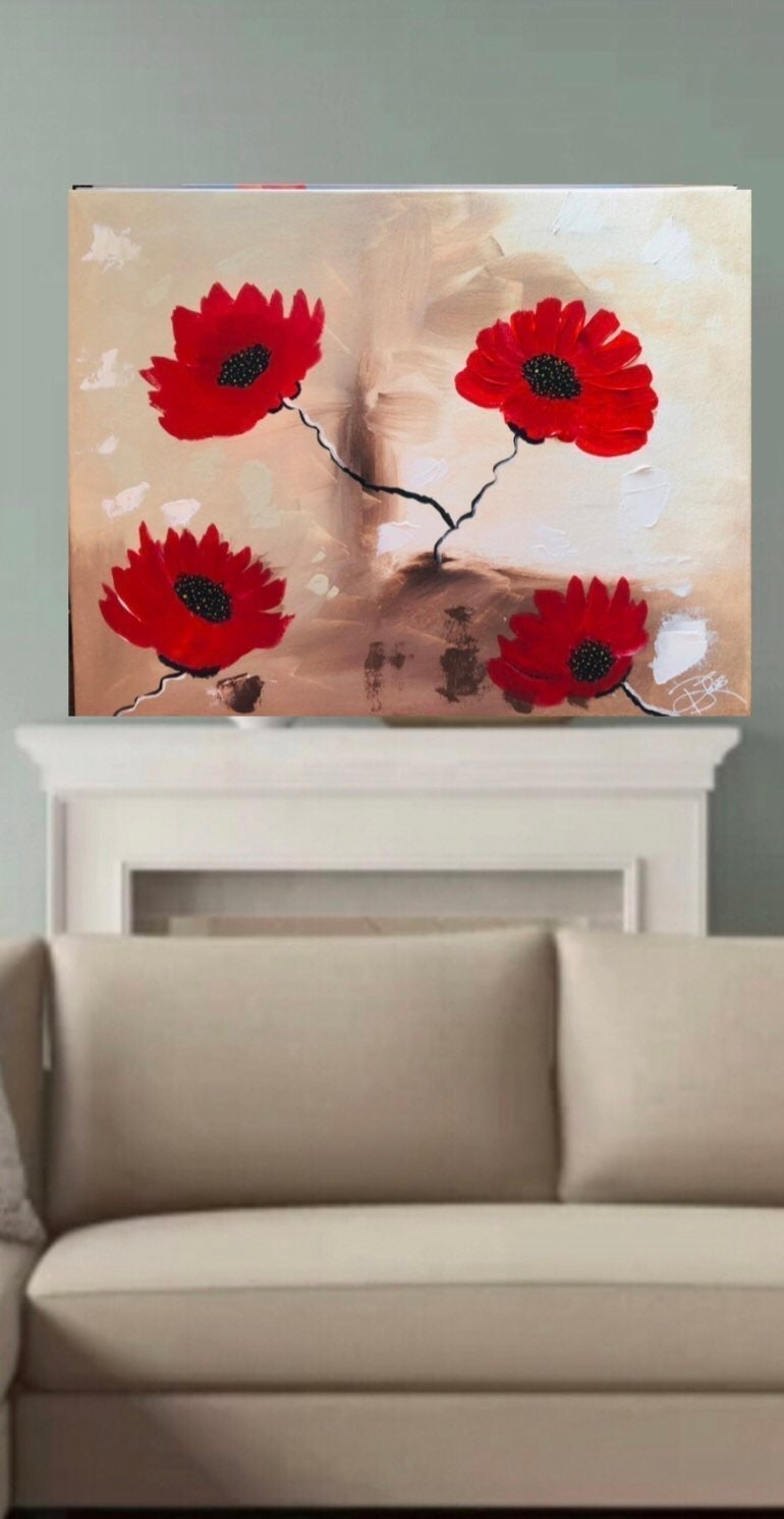 Original Canvas Acrylic Painting Red Flowers 16X20