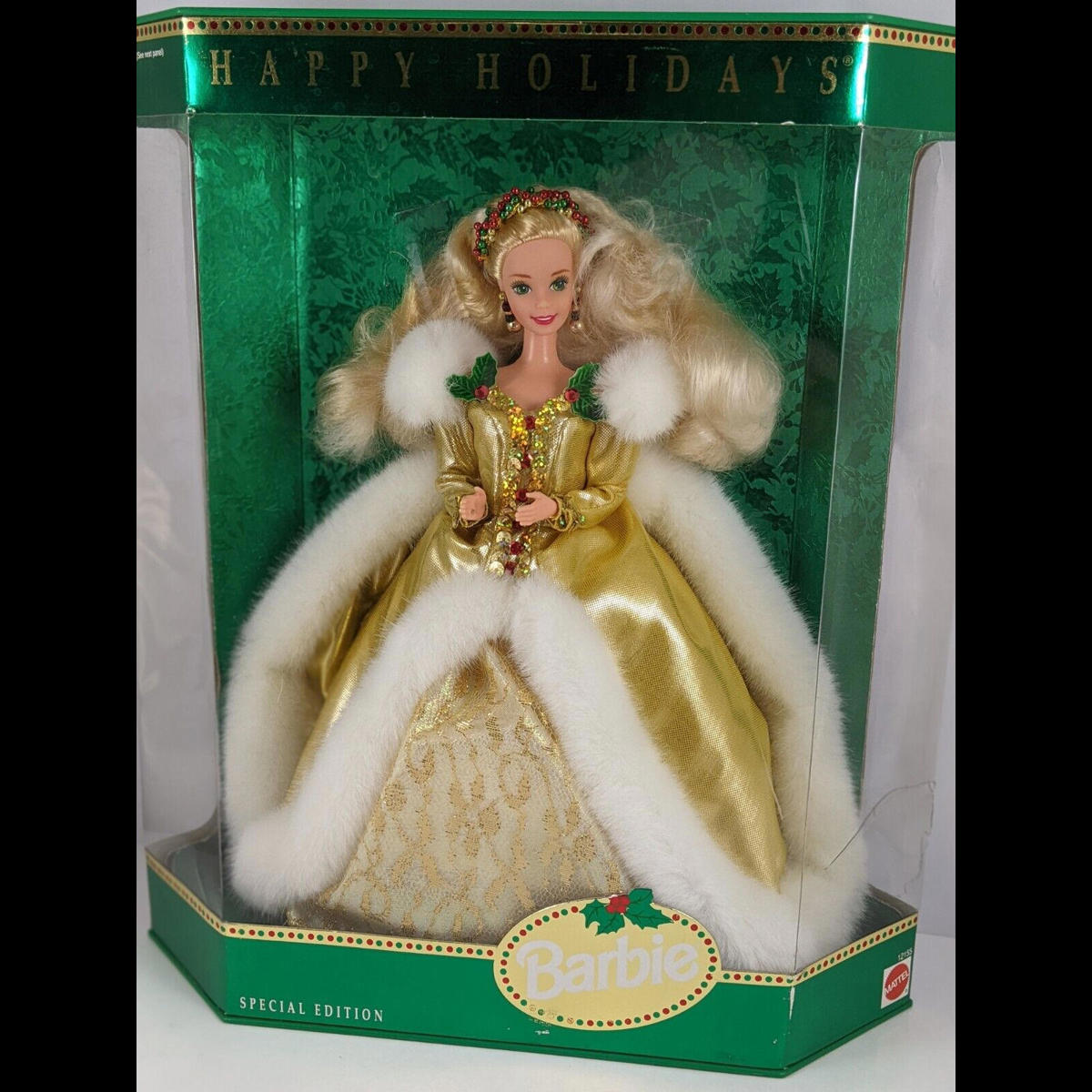 Mattel Happy Holidays Barbie Doll 1994 NIB Gold Dress White Fur Trim