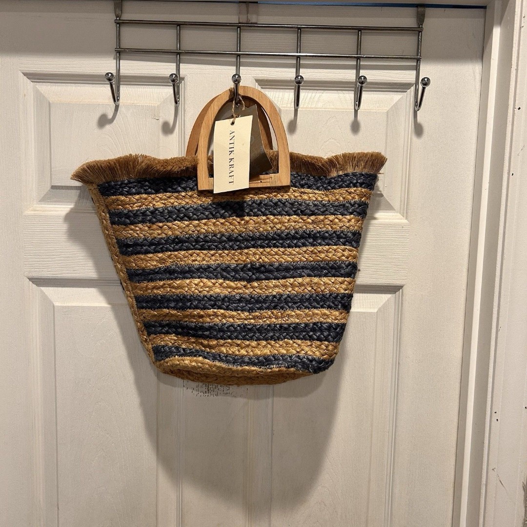 ANTIK CRAFT Wooden & Jute 17” Tote Beach Handbag Satchel Navy Striped NWT Resort