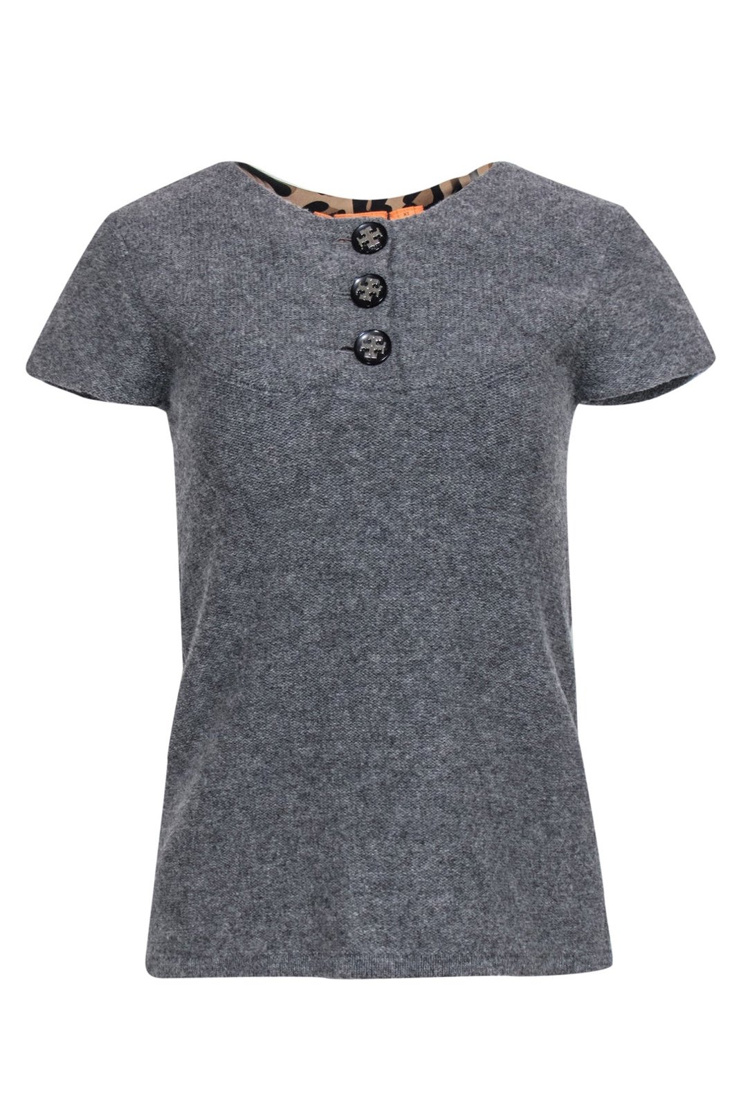 Tory Burch - Grey Short Sleeve Wool Top with Logo Buttons