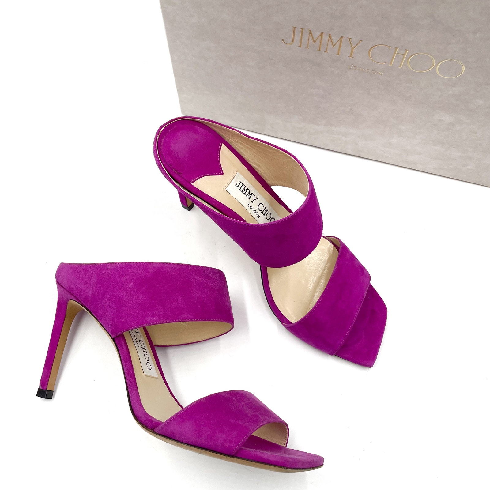 Jimmy Choo Hira Mule Sandals Magenta Suede Square Toe Stiletto Heels Sz 36 / 6