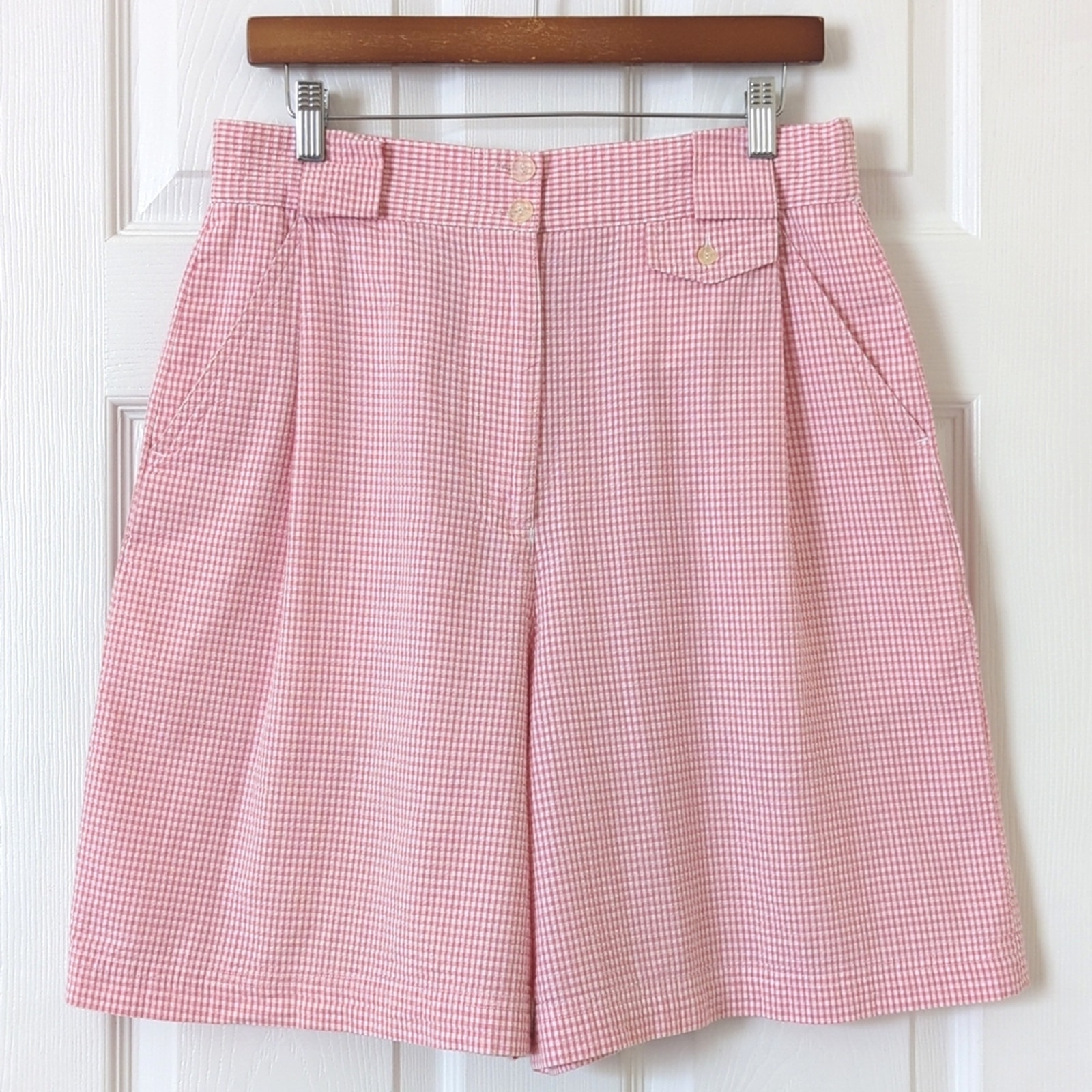 Izod 90's Vintage Gingham Preppy Pleated High Waisted Wide Leg Shorts Pink Large