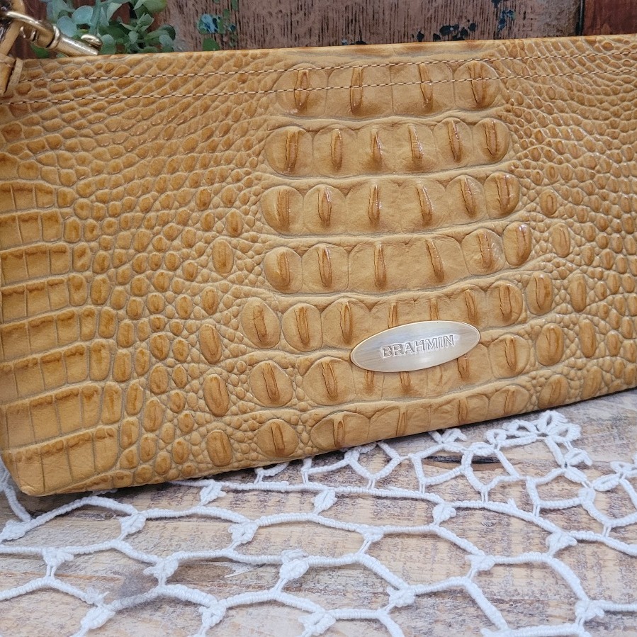 BRAHMIN embossed leather crocodile Melbourne collection clutch w/ strap.
