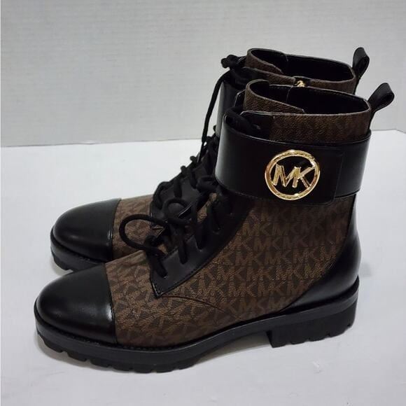 Michael Kors Tatum black and brown logo lace up biker boots