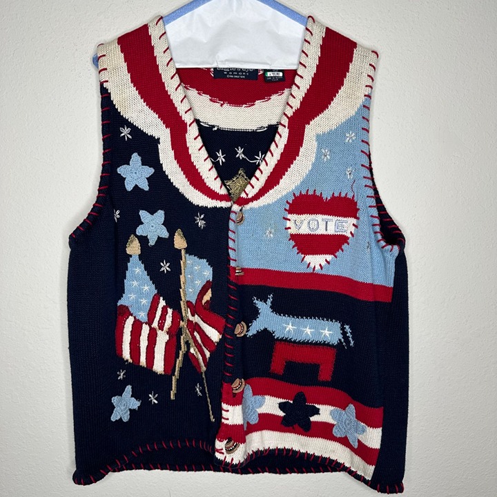 VNTG Eagle's Eye Knit 1996 Knit Sweater Vest Patriotic Vote Sz 1X