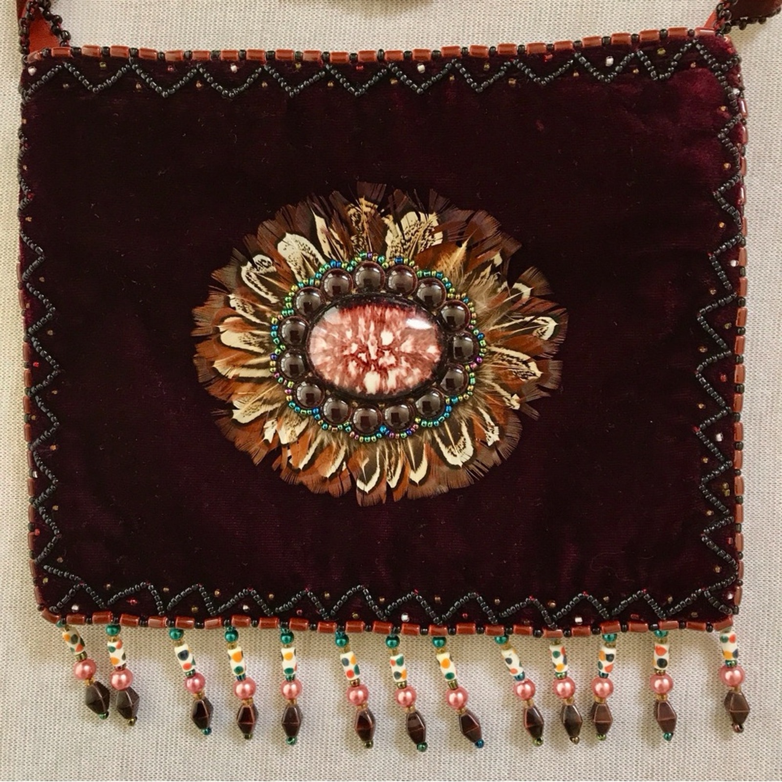 Handmade Embellished Velvet Bag NEW Boho Crossbody Purse Maroon & Beaded Fringe
