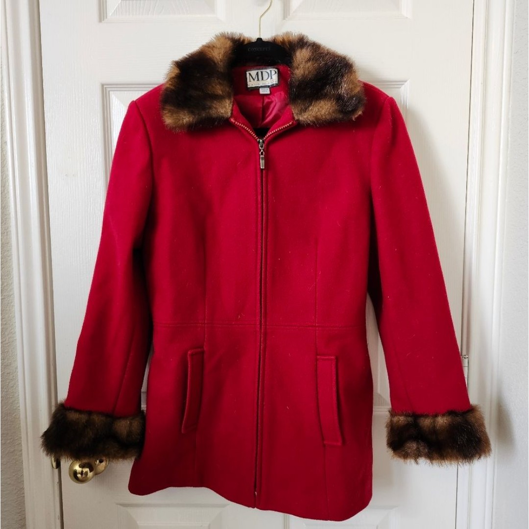 Vintage 80S Mario De Pinto MDP Red Faux Brown Fur Trim Zipper Winter Jacket Coat