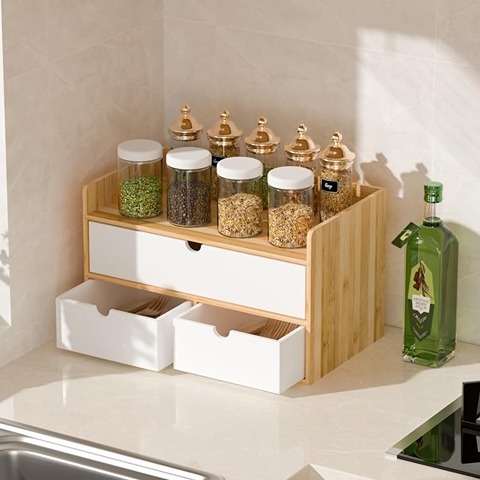 Desk Organizer with Drawers - Bamboo Desktop Organizer Storage | Natural-White