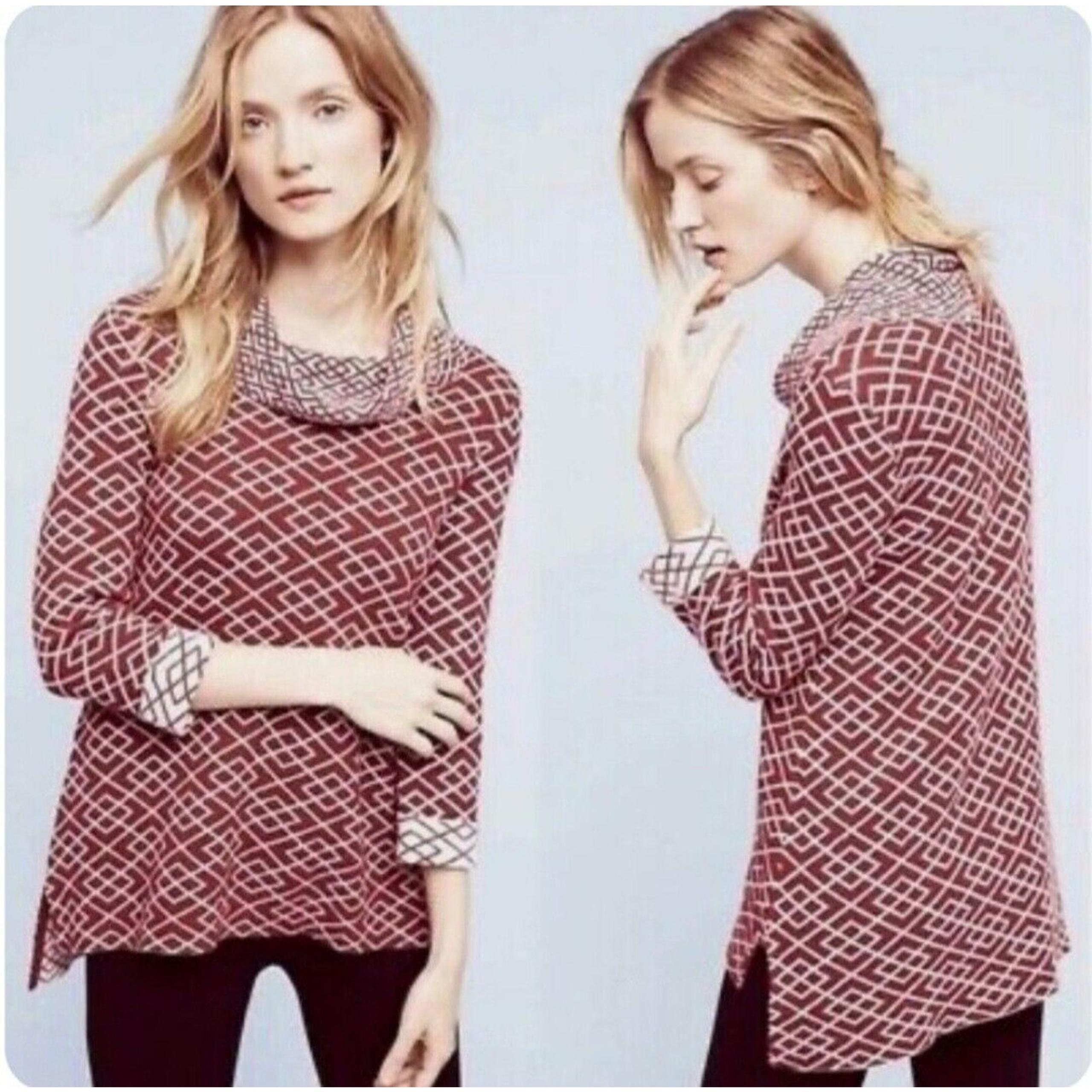 Anthropologie Moth Alpaca Blend Cowl Neck Tunic Sweater Medium Red White Print