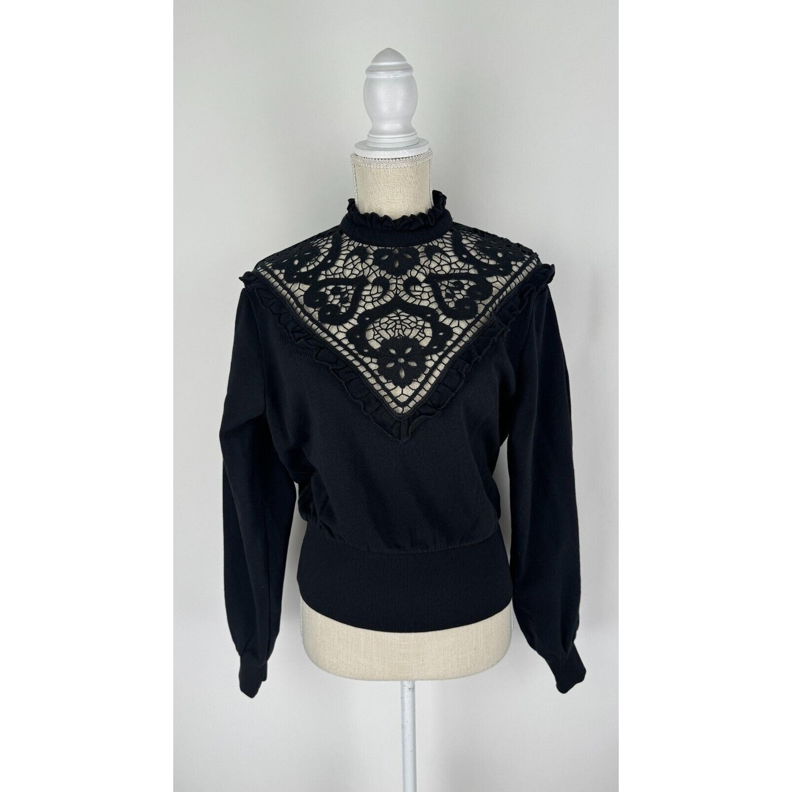 Express Womens Black Lace Trim Detail Ruffled Mock Neck Sweater Size Small NWT