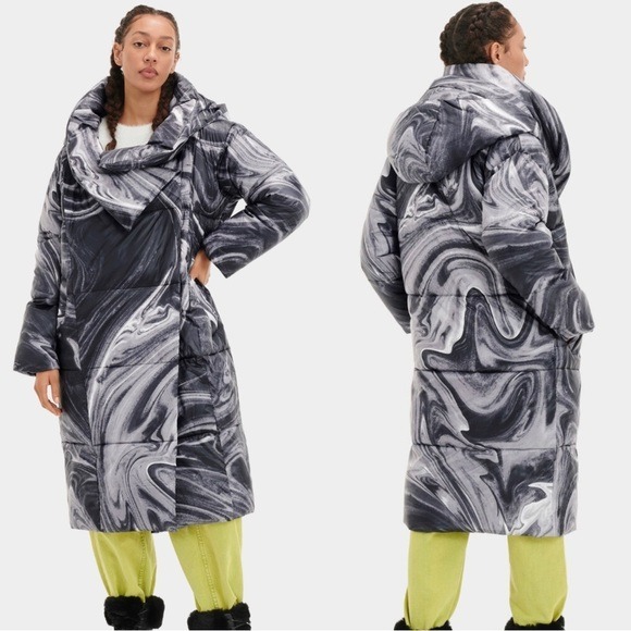 NWT UGG Catherina Coat Black White Marble Padded Puffer Jacket Waterproof