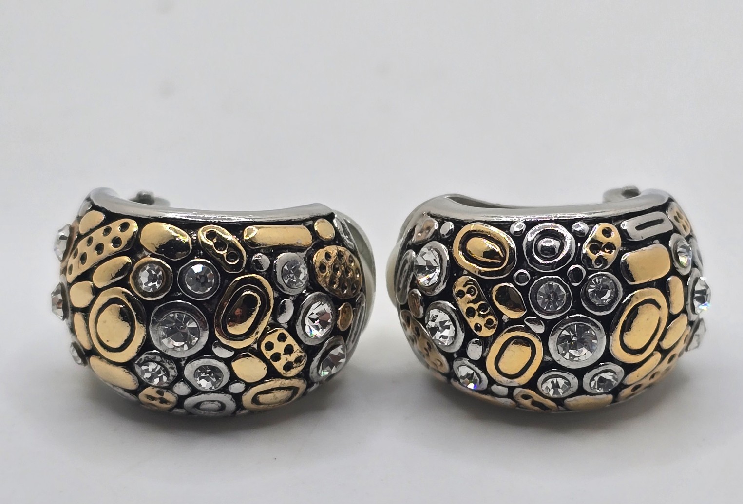 Vintage Two-Tone Clip-On Earrings - Silver & Gold-Tone Textured Bubble Design, R