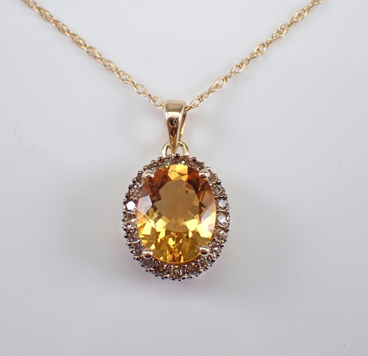 Citrine and Champagne Diamond Necklace, 14K Yellow Gold Unique Halo Choker