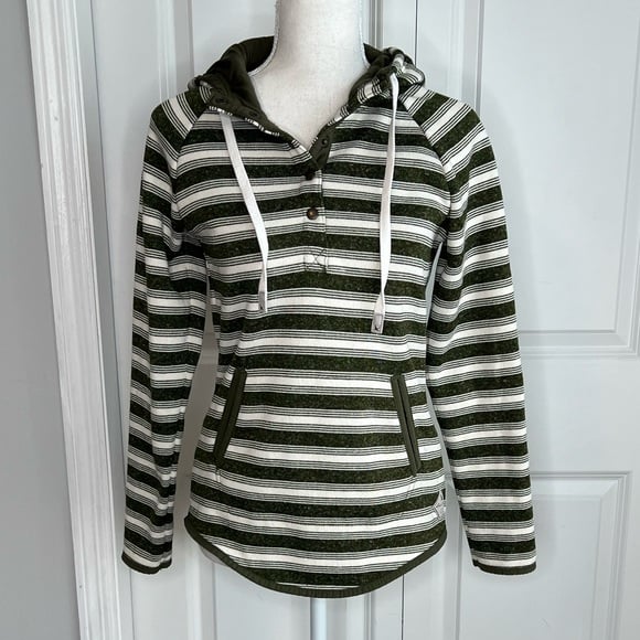 Eddie Bauer Army Green Cream Stripe Radiator Fleece Lined Hooded Sweater Small