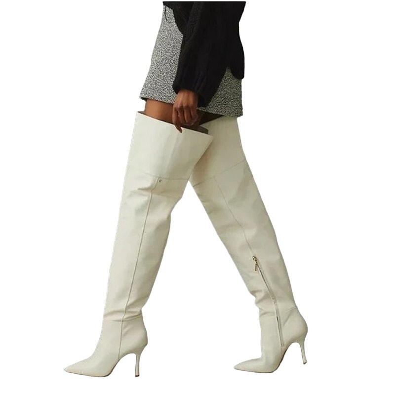 Larroude Kate Leather Over The Knee Boots Stiletto Heel Pointed Toe Ivory Size 6