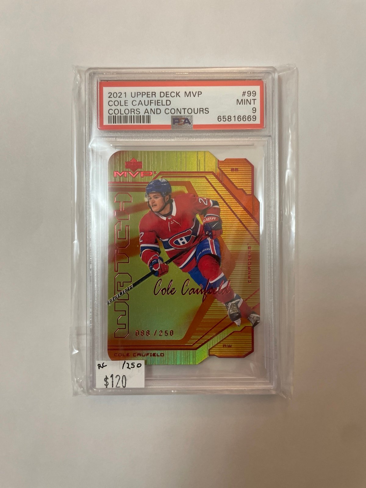 PSA 9 2021 Upper Deck MVP Colors and Contours #99 Cole Caufield /250 Canadians