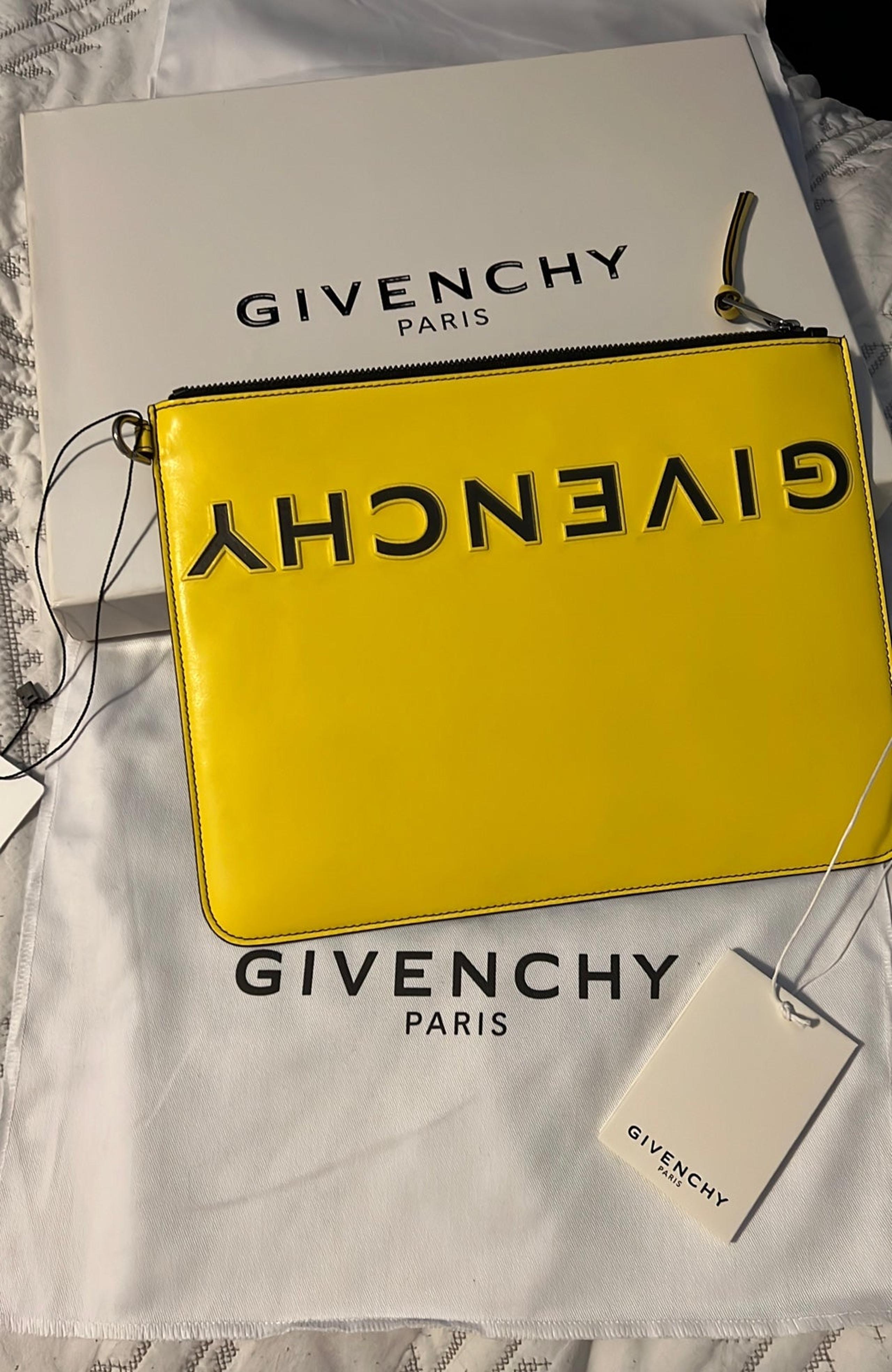 New Givenchy Paris Trousse Logo Embossed Clutch Yellow Black Lrg RARE Authentic